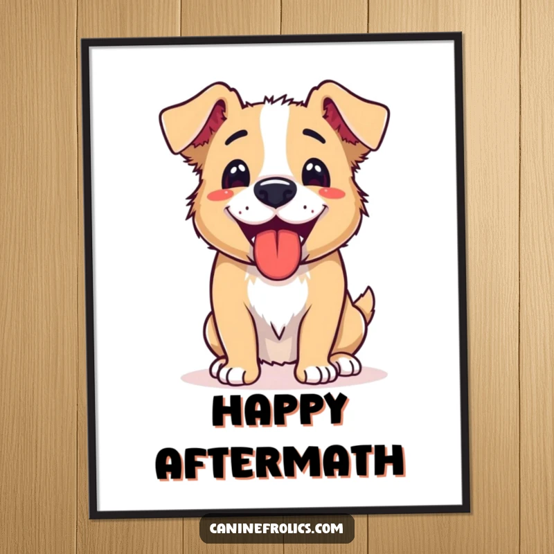 Funny digital art print of a dog panting happily with its tongue out, eyes closed in blissful contentment after a significant activity.