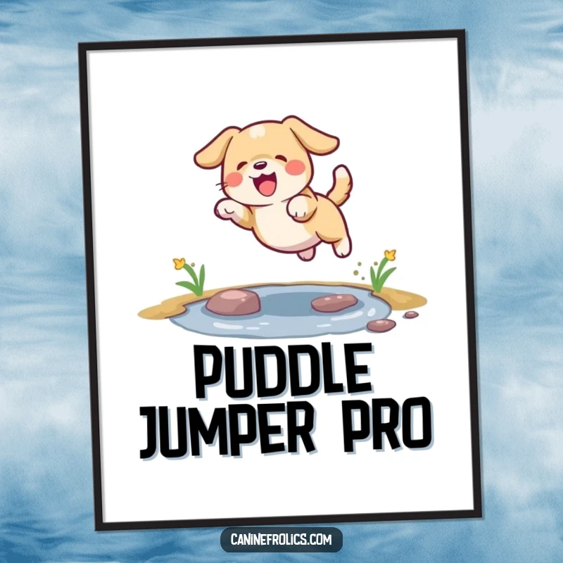 Funny dog digital art print of a dog joyfully leaping over a small puddle, full of energy.