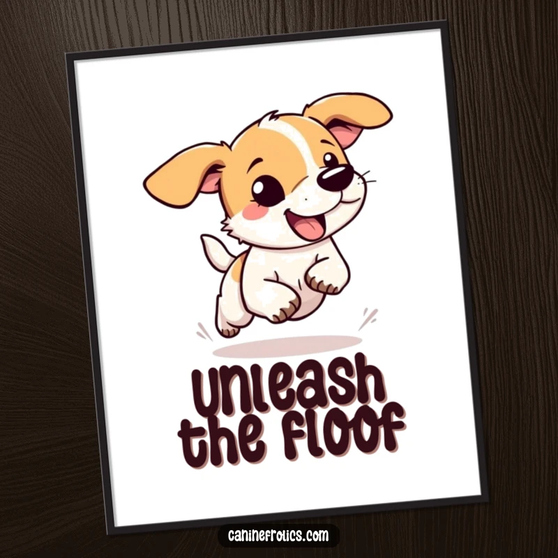 Funny dog digital art print of a dog with floppy ears flying as it runs with abandon, conveying humorous, unrestrained joy.