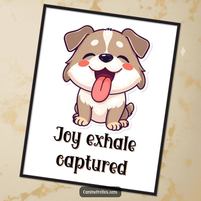 Funny digital art print of a dog with its tongue hanging out, panting with absolute joy, capturing a moment of pure bliss.