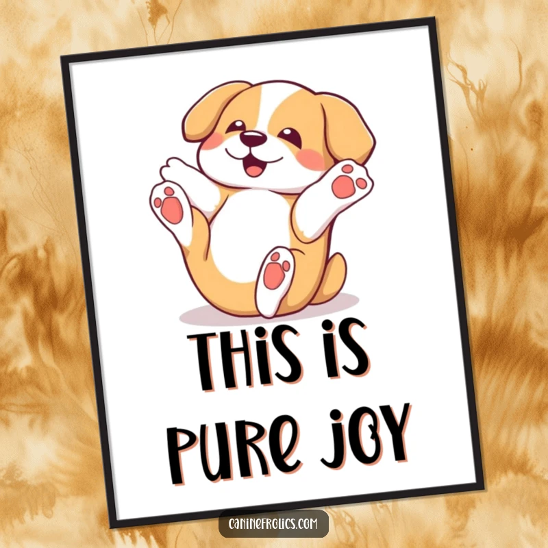 Funny dog digital art print of a character playfully rolling on its back with paws in the air, ready for immediate download and display.