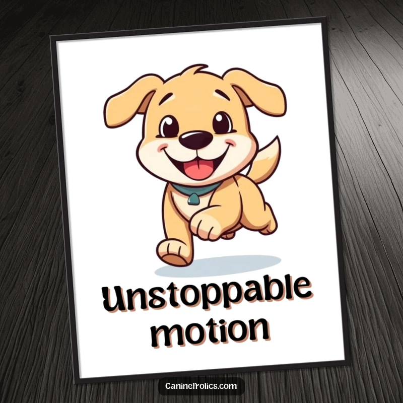 Funny digital art print of a dog character running with a huge happy grin and ears streaming back, embodying pure exhilaration.