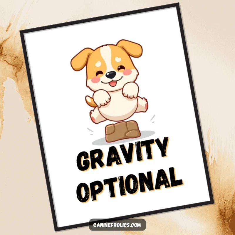Funny digital art print of a dog in a heroic, extended leap over a small obstacle, conveying maximum energy and playful delight.