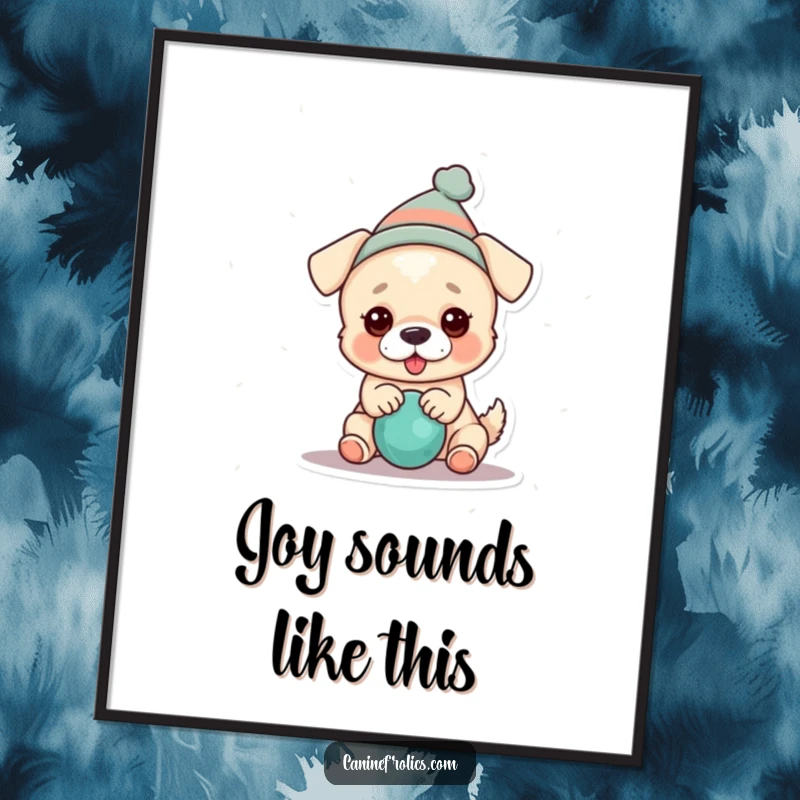 Funny dog digital art print of a dog wearing a tiny hat, gleefully playing with a squeaky toy, embodying playful mischief.