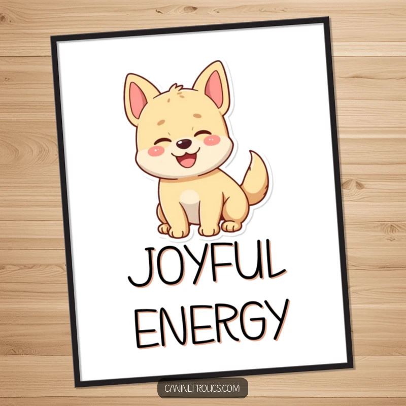 Funny digital art print of a dog character with an incredibly happy and fast-wagging tail, conveying pure excitement and joy.