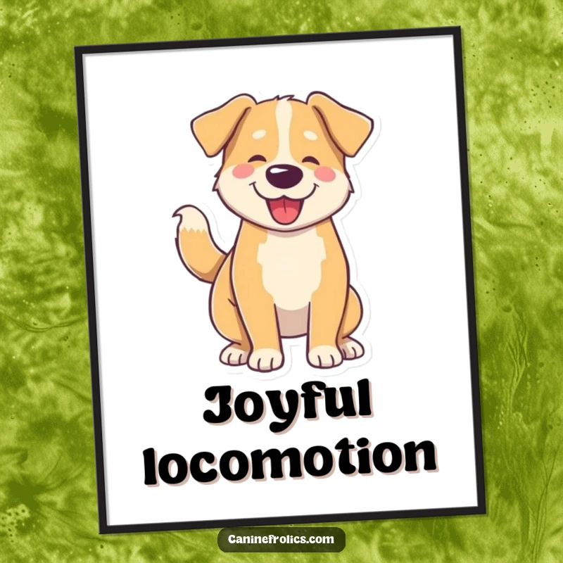 Funny digital art print of a dog whose tail wagging induces a joyful, full-body wiggle, symbolizing pure excitement and happiness.