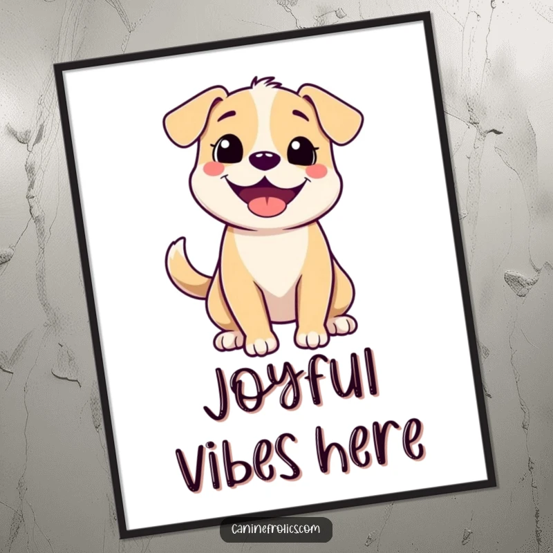 Funny digital art print of a dog with an enormous, joyful grin and a blurred wagging tail, embodying pure canine elation.