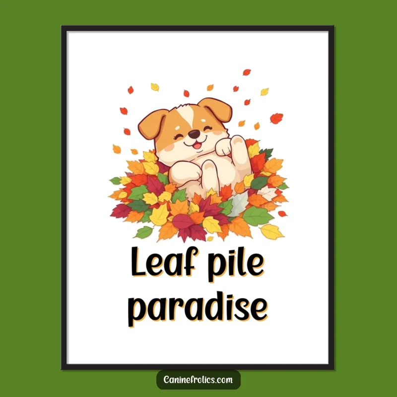 Funny Rolling Dog Leaves Digital Art: Autumn Pup Print, Instant Fall Decor