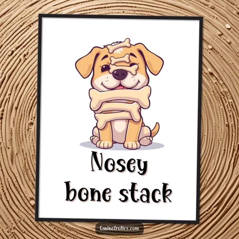 Funny digital art print of a dog humorously balancing a stack of bones on its nose, offering instant wall humor.