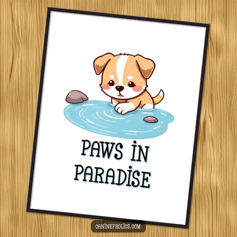 Funny dog digital art print of a dog gently dipping its paw into a clear blue stream.