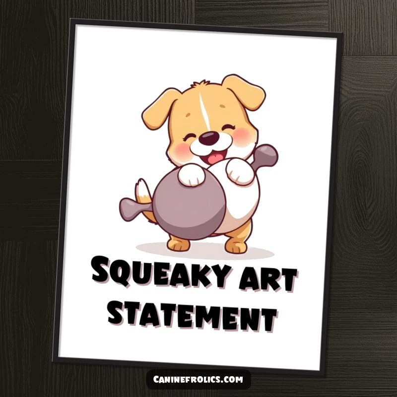 Funny Dog Digital Art Print: A dog intensely and humorously wrestling a comically large squeaky toy, capturing a moment of pure, hilarious playtime chaos.