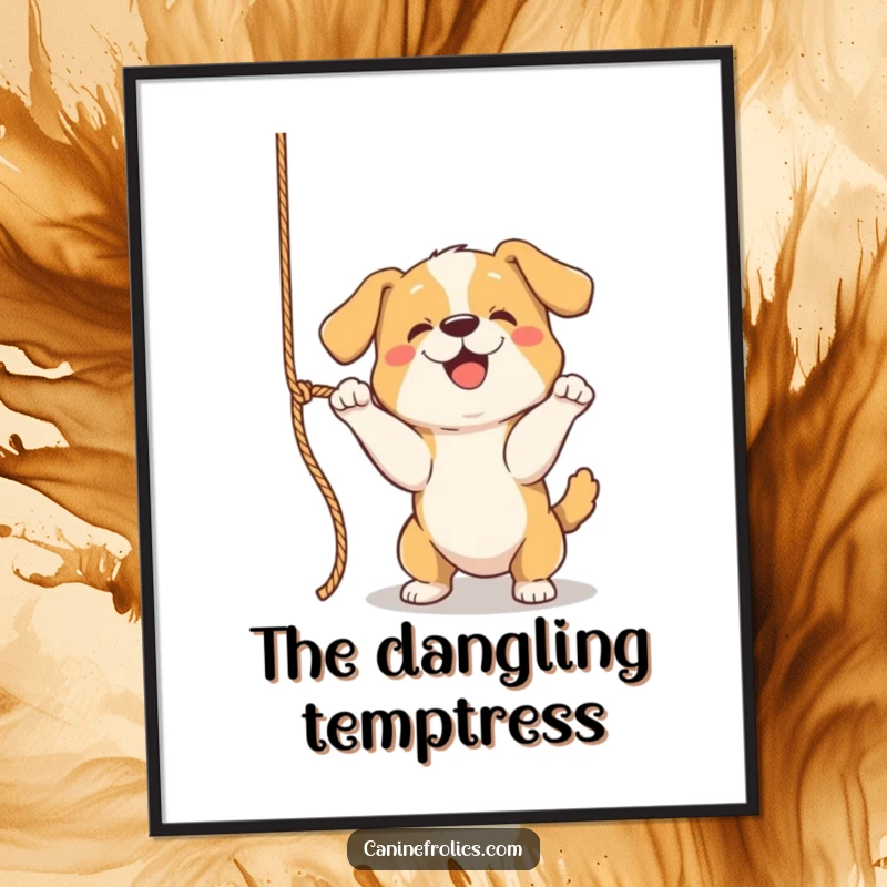 Funny Digital Art Print of a dog playfully batting at a dangling rope, capturing dynamic energy and pure canine joy.