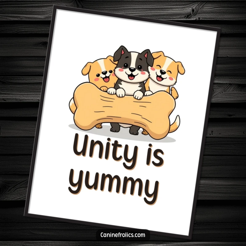 Funny Digital Art Print of a group of simplified, happy dogs joyfully sharing a large bone, embodying friendship and fun.