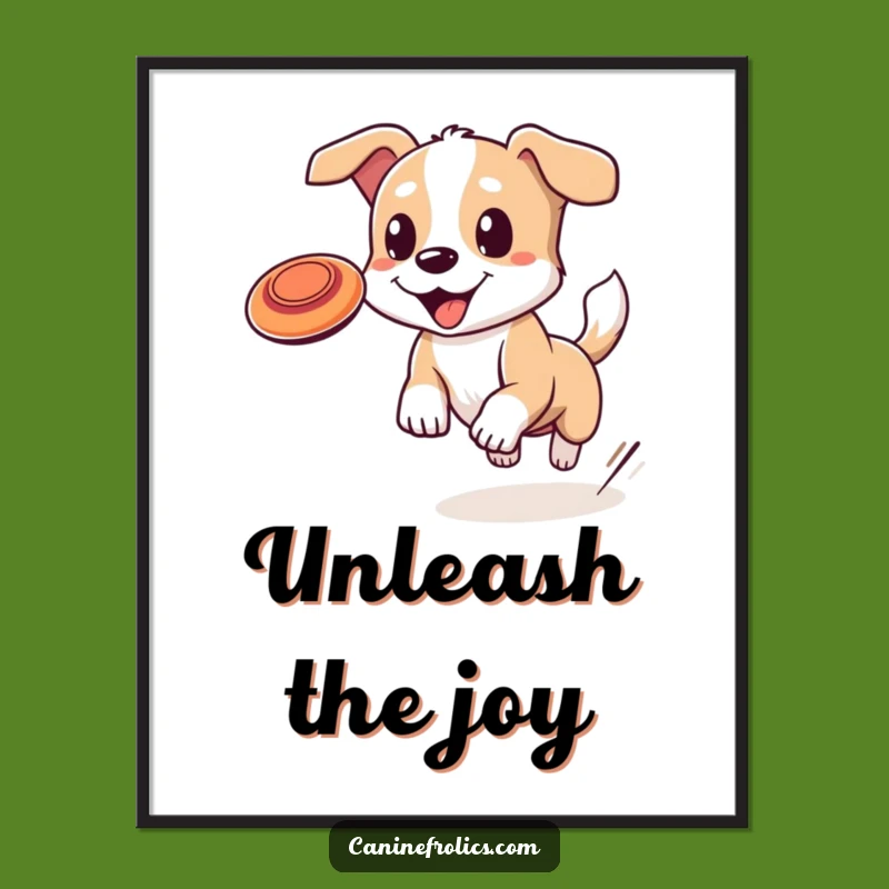 Funny Dog Frisbee Digital Print: Wagging Tail Joyful Art