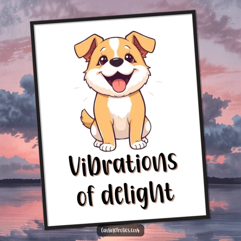 Funny digital art print of a dog wiggling its entire body in sheer, unbridled enthusiasm and joy.