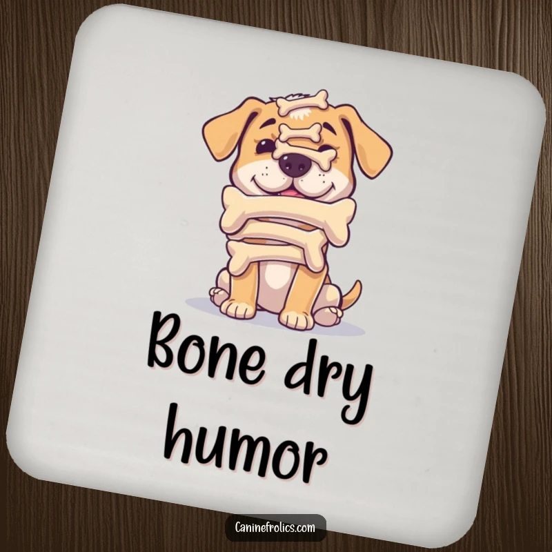 Funny drink coasters with a dog humorously balancing a stack of bones on its nose, offering surface protection.
