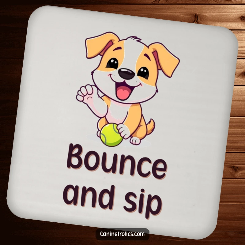 Funny drink coaster showing a dog character with an excited yip, playfully nudging a tennis ball, adding sporty flair.