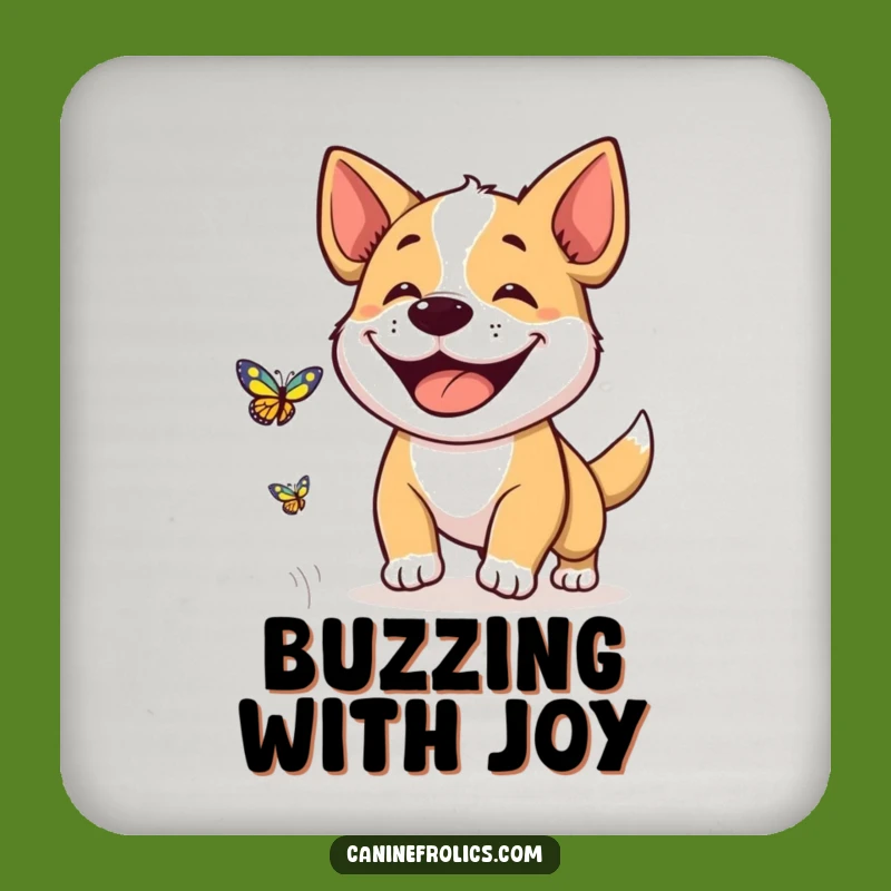 Funny Dog Grin Coaster: Protect Surfaces with Butterfly Chase Art, Cute Funny Gift