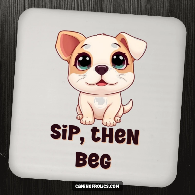 Funny drink coaster showing a dog with large, innocent eyes looking upwards with pure, infectious excitement.
