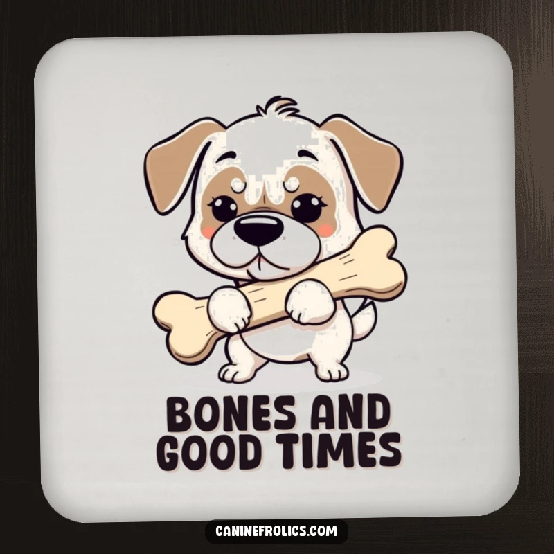 Funny dog coaster depicting a determined dog carrying a large bone, adding humor and protection to furniture.