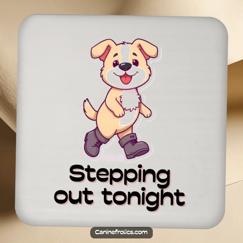 Funny dog coaster depicting a dog confidently walking in oversized boots, adding humor and protection to furniture.