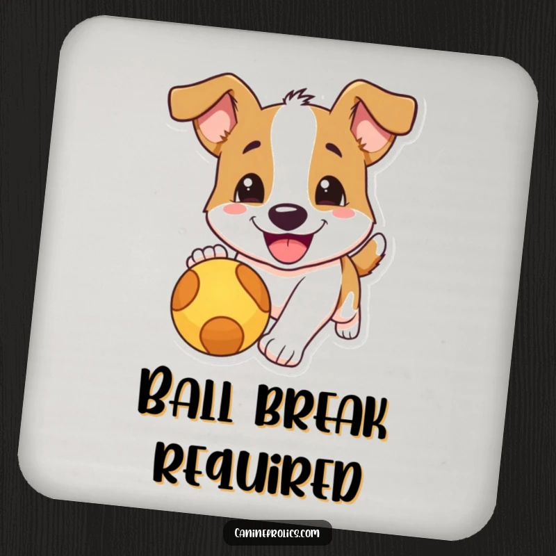 Funny dog coaster featuring a dog with a wide, happy smile chasing a red ball, adding humorous protection to your surfaces.