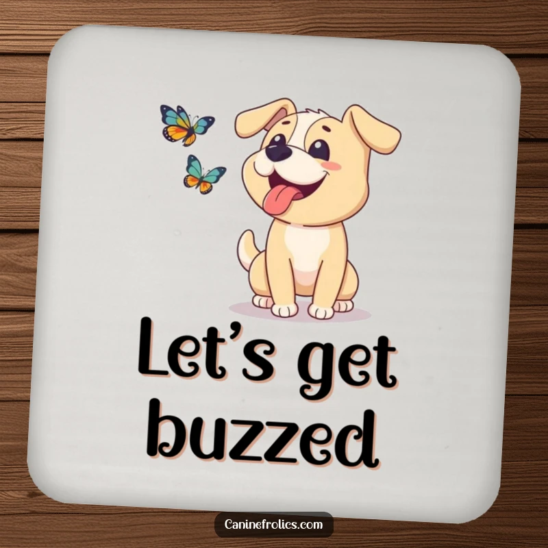 Funny dog drink coaster depicting a happy dog with its tongue lolling out, chasing a butterfly with playful abandon.