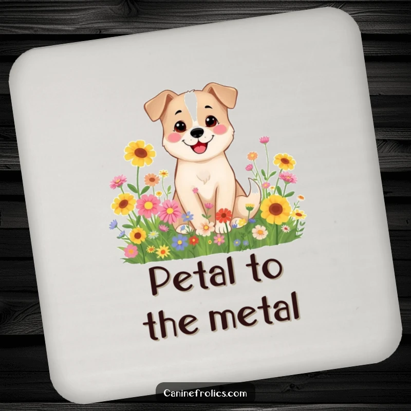 Funny Dog Coaster: Illustration of a smiling dog character sitting peacefully among colorful wildflowers, adding calm humor.