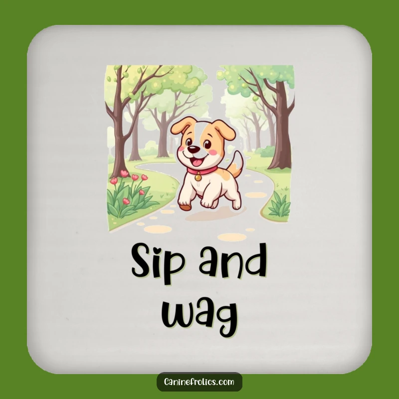 Funny Dog Drink Coaster: Bouncy Pup Trotting Park Path, Protect Surfaces with Style