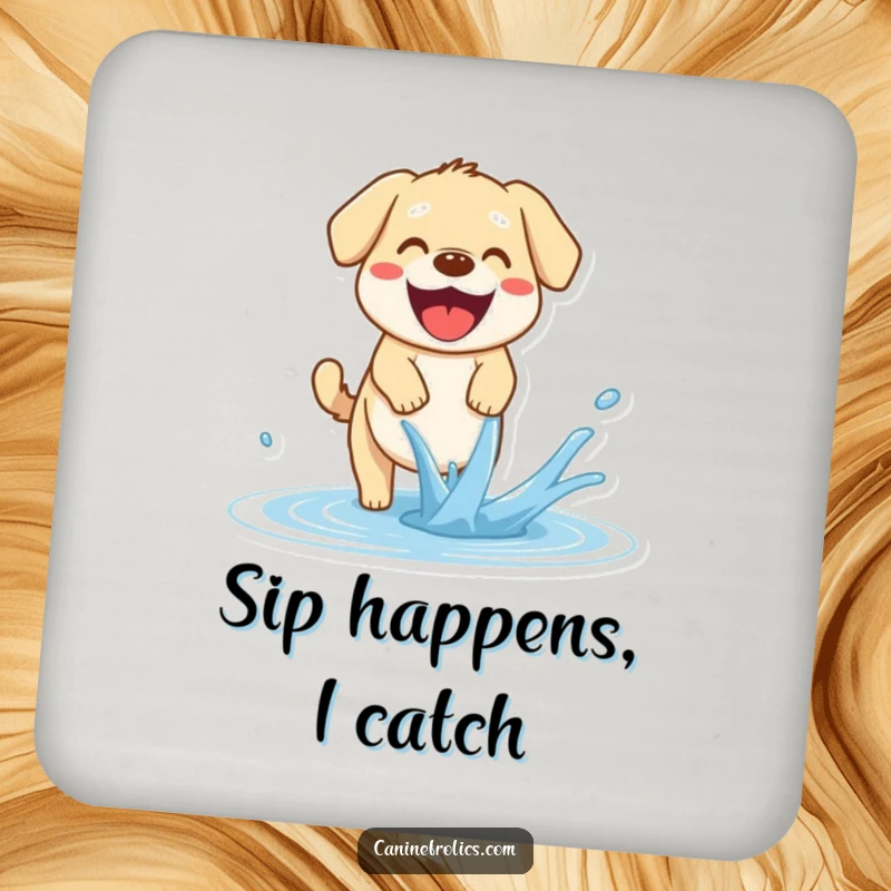 Funny Dog Drink Coaster: A happy dog pants with an open mouth, joyfully trying to catch a stream of water, adding humor to protection.