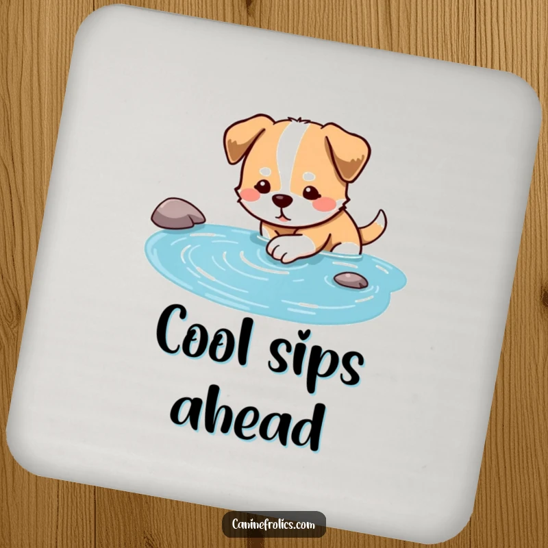 Funny dog coaster showing a dog dipping its paw into a clear stream, adding a calming touch.