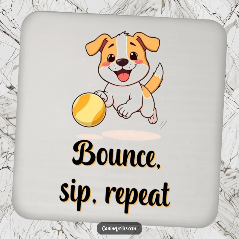 Funny drink coaster illustrating a dog joyfully chasing a bouncing ball, perfect for protecting surfaces with playful charm.