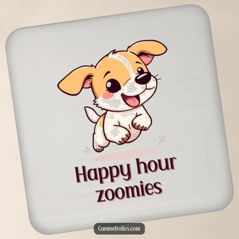 Funny dog coaster featuring a dog with floppy ears flying as it runs with abandon, adding humorous protection to your surfaces.