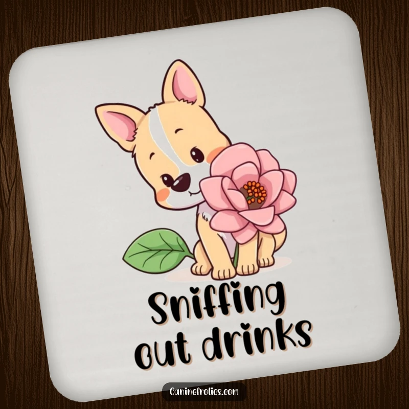 Funny coaster featuring a dog with a curious head tilt, sniffing a large flower, adding a touch of gentle nature to your table.
