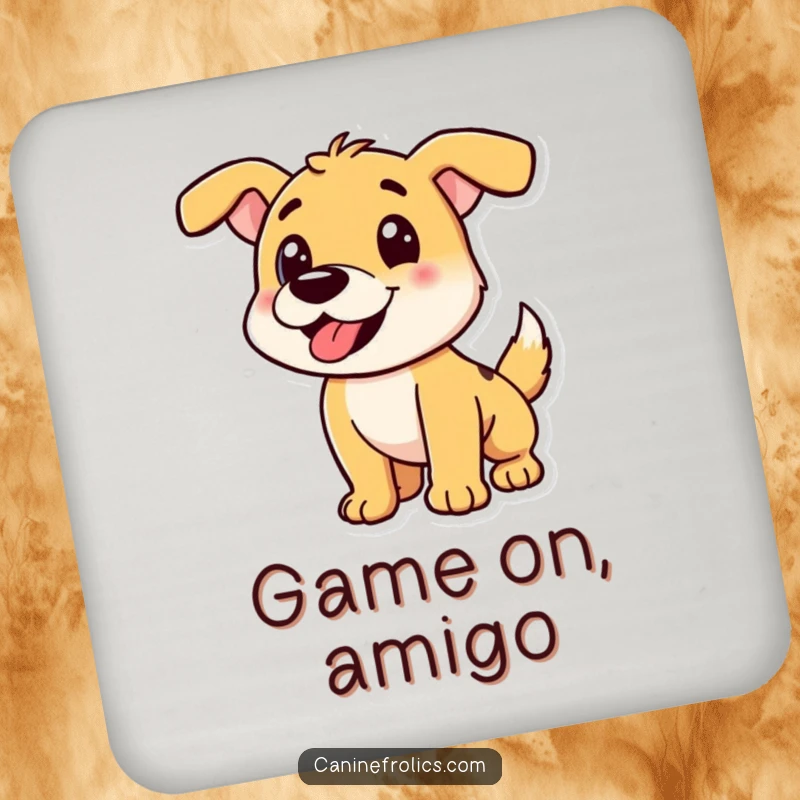 Funny Dog Drink Coaster: Playful dog character mid-pounce, protecting surfaces with energetic charm and fun.