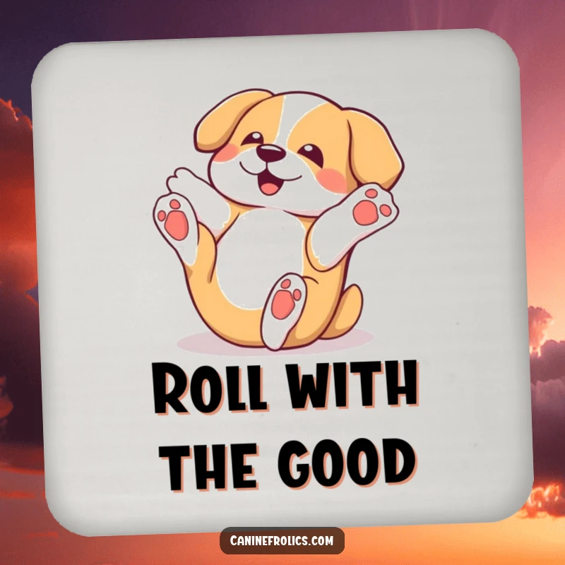 Funny dog coasters (set of 4) showing characters playfully rolling on their backs with paws in the air, adding humor to tabletops.