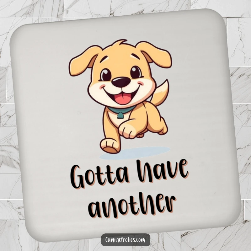 Funny drink coaster featuring a dog character running with a happy grin and ears trailing, adding a dynamic touch to tabletops.