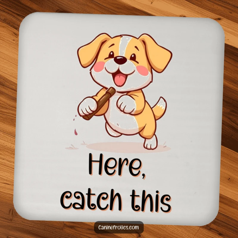 Funny dog coaster showing a dog leaping to catch a stick, adding a playful touch to drinkware.