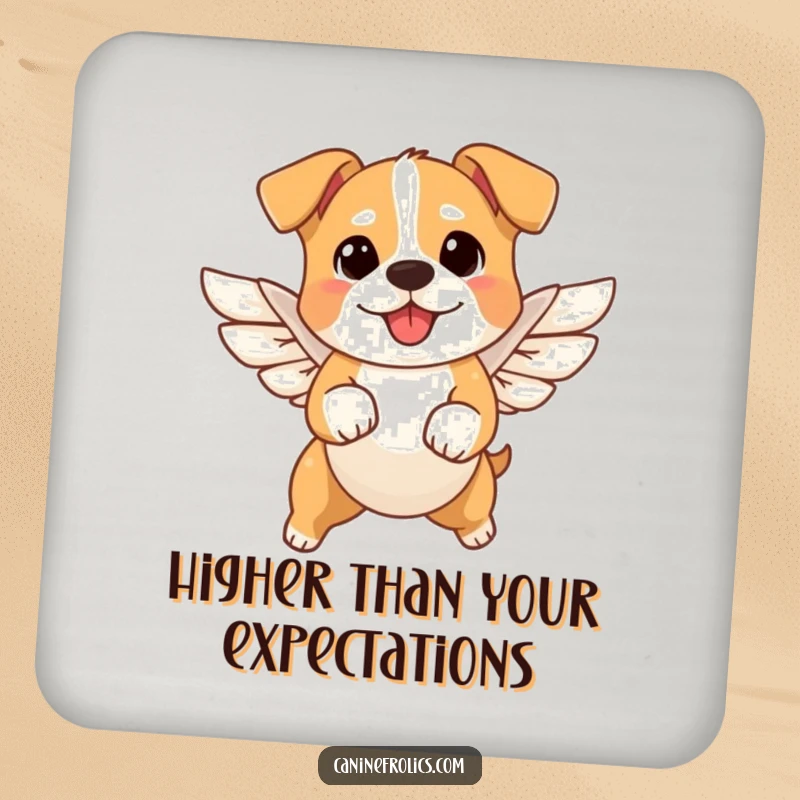 Funny angel dog coaster featuring a small dog with tiny wings leaping happily, adding a touch of whimsy to drink protection.