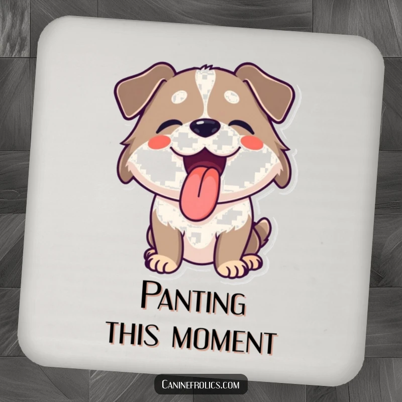 Funny coaster featuring a dog panting happily with its tongue out, bringing a touch of pure joy to your drinks.