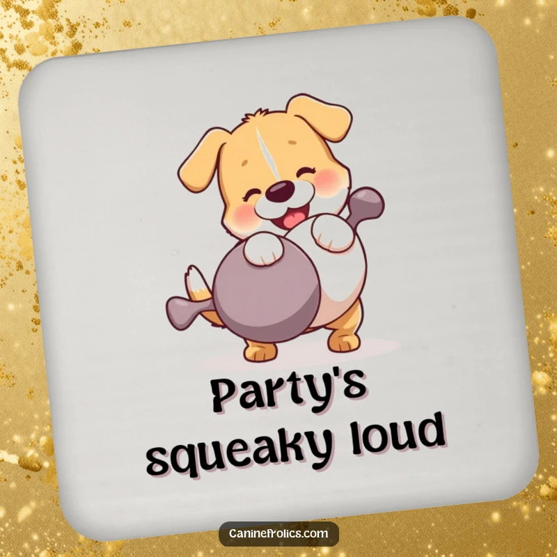 Funny Dog Coaster: A dog hilariously wrestling a comically oversized squeaky toy, protecting surfaces while delivering a dose of canine humor.