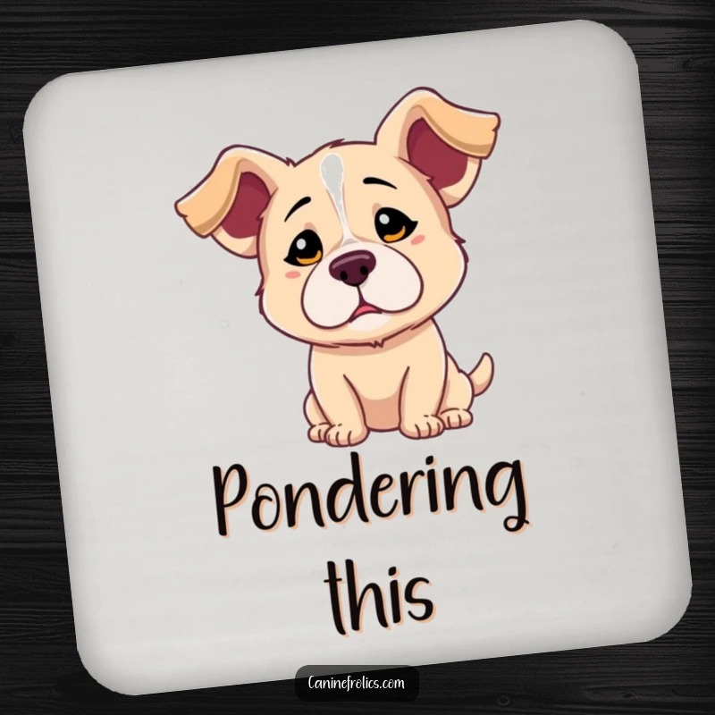 Funny drink coaster featuring a dog with floppy ears and a playfully confused expression, adding a touch of charming doubt.