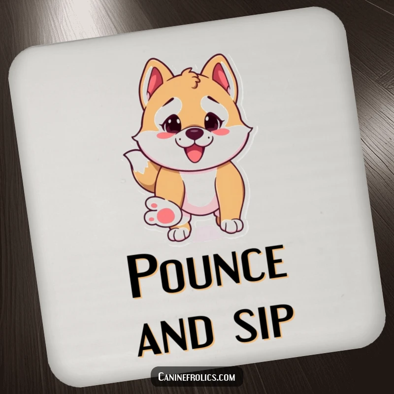 Funny drink coaster showing a dog with paws extended, hilariously ready to pounce on spills.