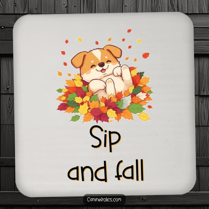Funny drink coaster depicting a dog blissfully rolling in colorful autumn leaves, symbolizing seasonal happiness, perfect for protecting tabletops.