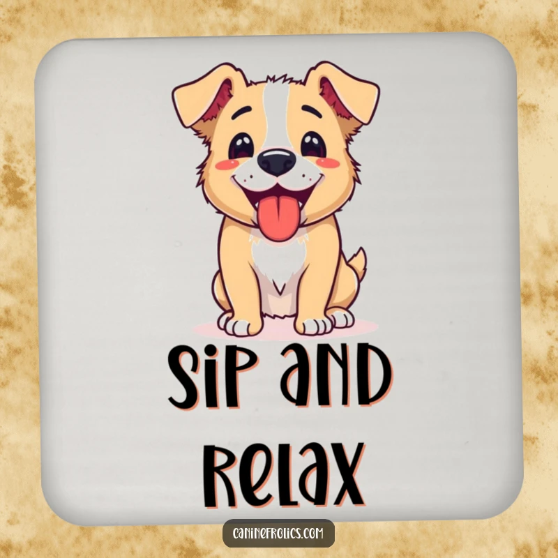 Funny drink coaster with a dog panting happily after a fun activity, tongue out, adding a touch of relaxed humor.