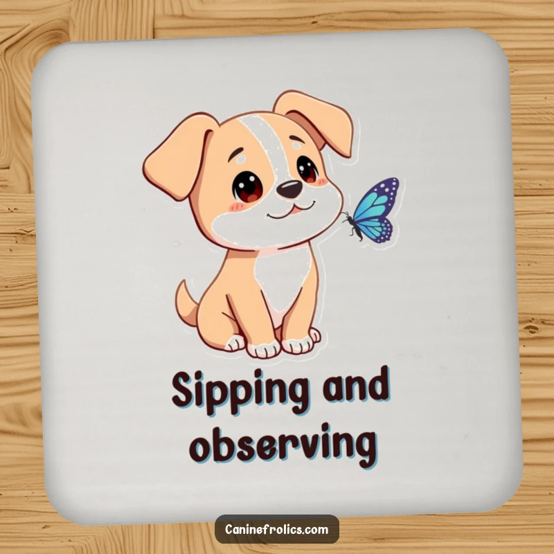 Funny dog coasters (set of 4) showing characters with ears flopped forward, curiously watching butterflies, adding gentle fascination to tabletops.