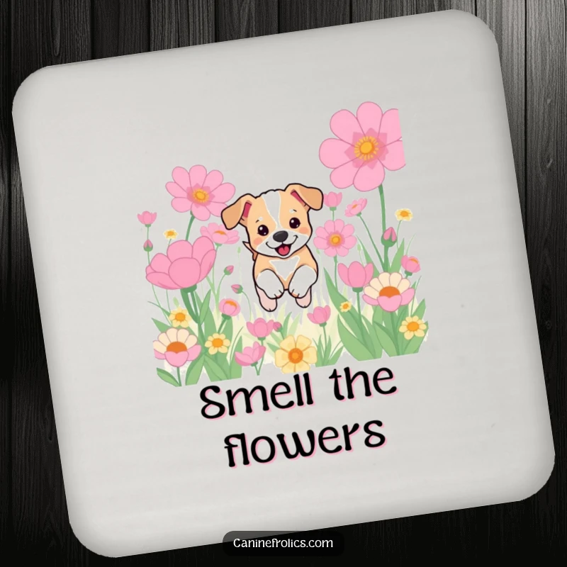 Funny drink coaster illustrating a small dog puppy bounding through a field of massive flowers, adding a cheerful, protective touch to any surface.