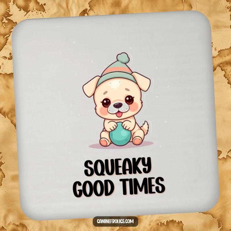 Funny dog coaster featuring a dog in a hat playing with a squeaky toy, protecting surfaces with humor.
