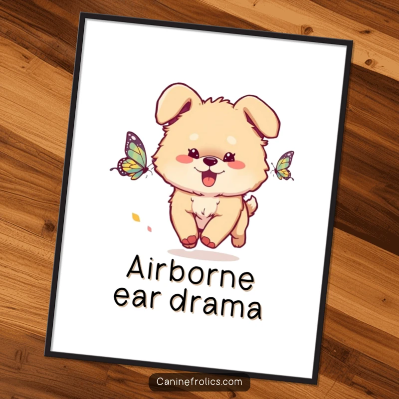 Funny Dog Poster: A fluffy dog with ears flopping energetically chases a colorful butterfly against a soft, natural backdrop, evoking playful innocence.
