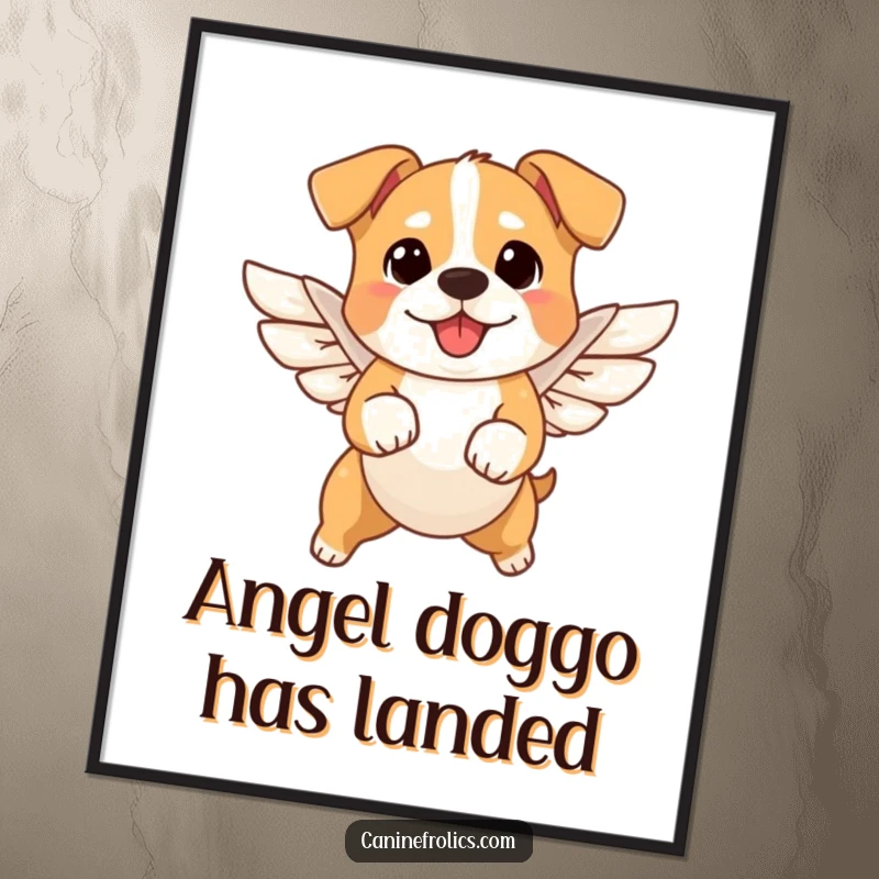 Funny angel dog poster featuring a small dog with tiny wings joyfully leaping through the air, capturing a moment of pure, humorous bliss.